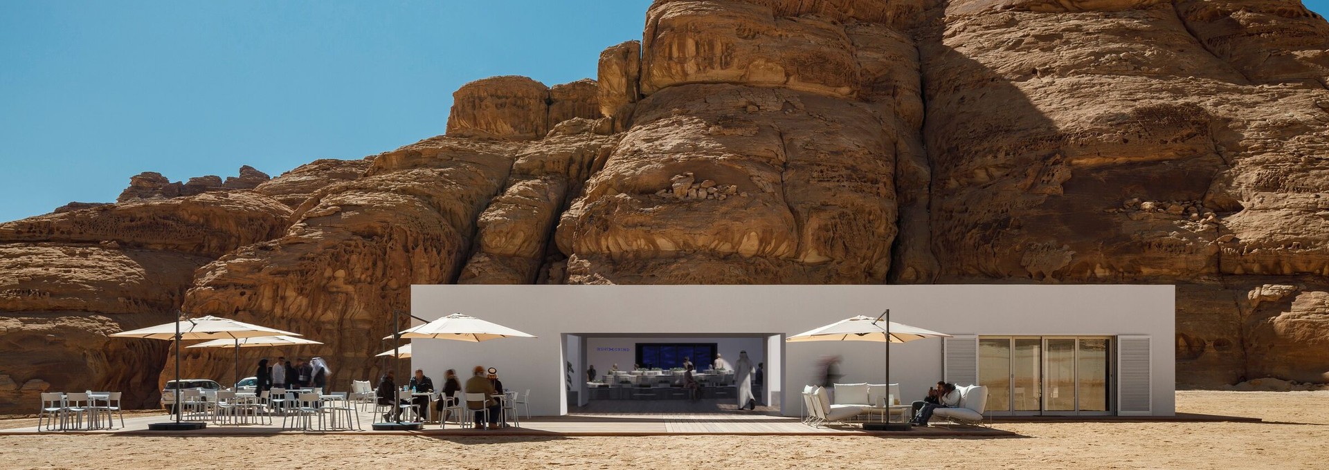 Desert X Visitor Centre pop-up design Grind by Studio Königshausen. The Grind coffee bar emerges as an inviting centrepiece within the historic landscape, inviting visitors to immerse in the fusion of contemporary design and the timeless allure of AlUla. 